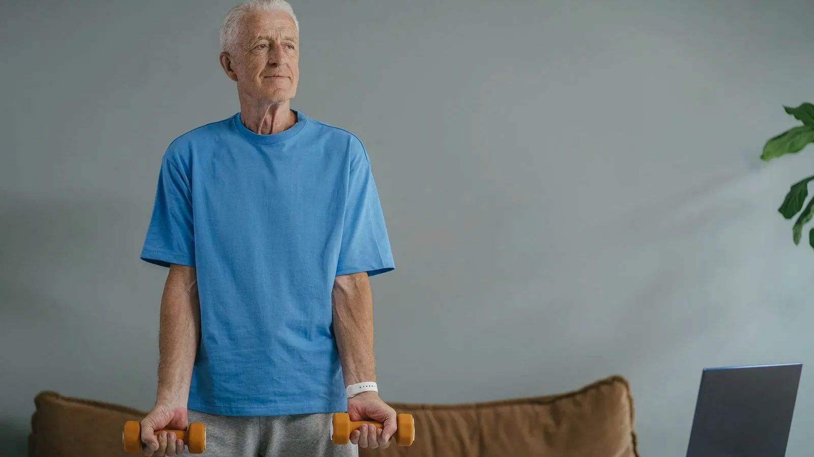 An older man in a blue t-shirt standing in a living room holding a small orange dumbbell in each hand
