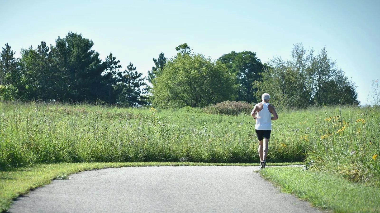 An older man jogging along a paved path through a green meadow