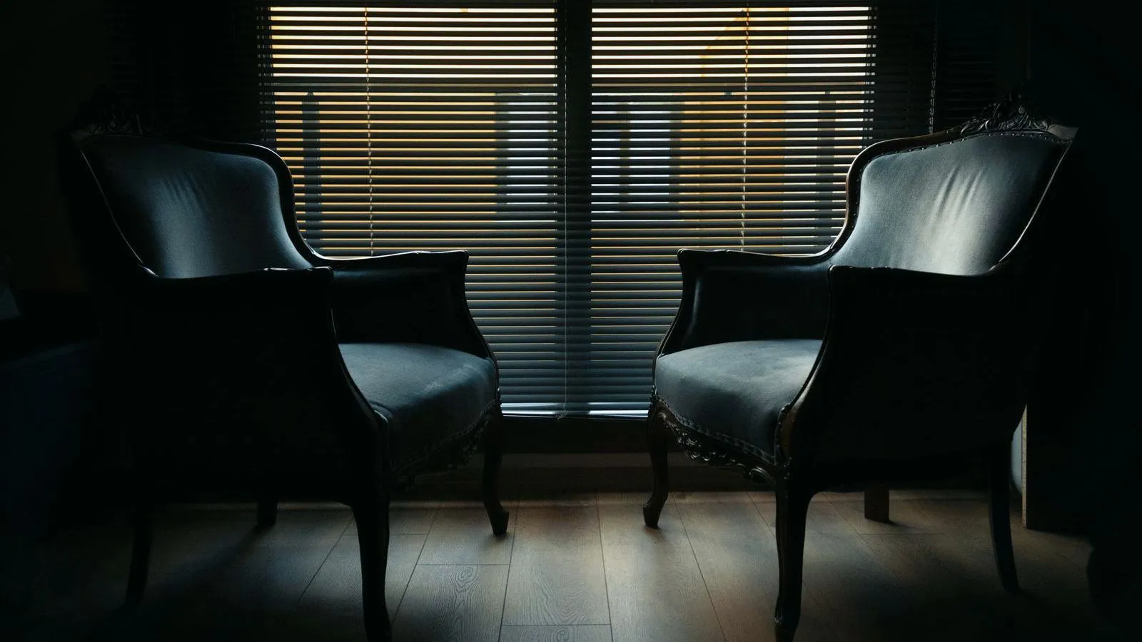 Two dark armchairs facing each other in front of a window with closed blinds in a dim room