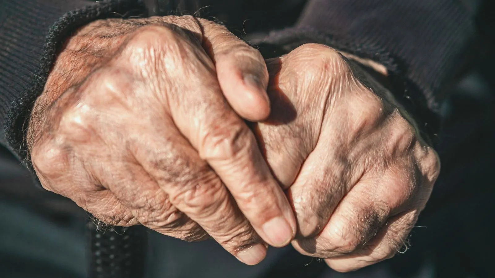 A close-up of an older person's weathered hands clasped together