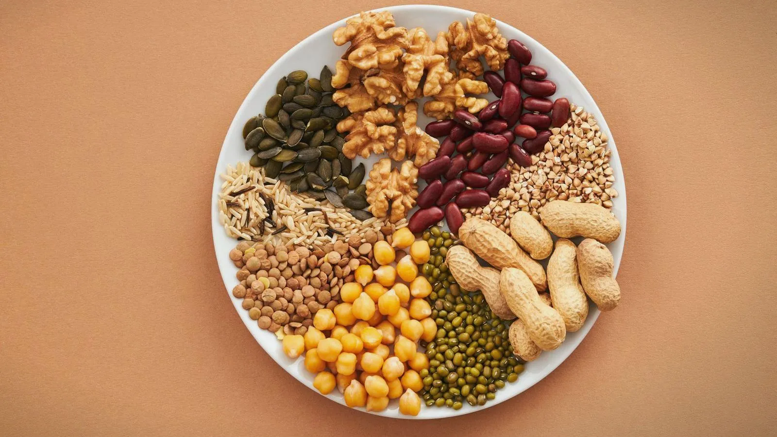 A plate divided into sections of beans, lentils, chickpeas, peanuts, walnuts and seeds